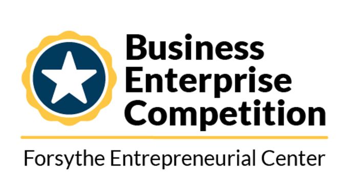 Logo for the Business Enterprise Competition comprised of those words in a simple bold black font above a horizontal dark yellow line and the words Forsythe Entrepreneurial Center in a simple black font.  In the upper left is a dark blue disk with a white star inside it and a rippled dark yellow circle surrounding it. 